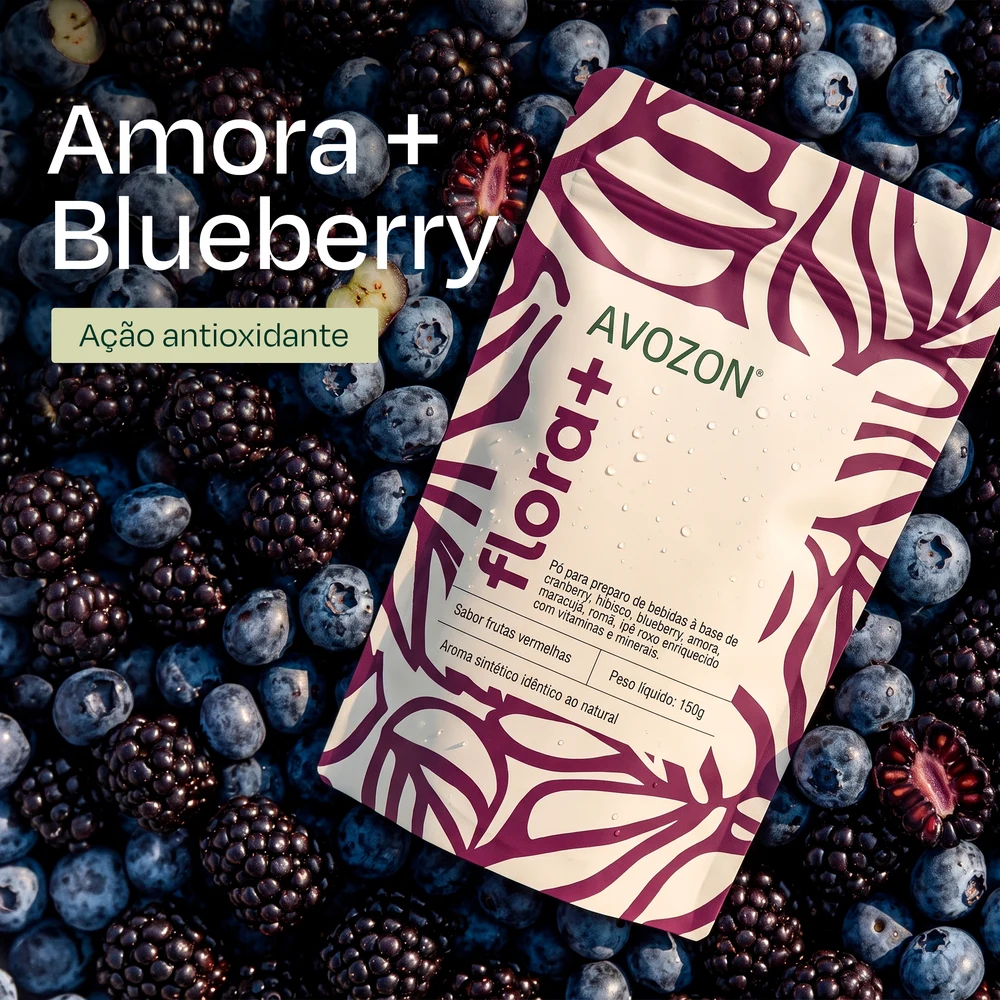 Amora + Blueberry — arte de ingredientes Flora+ fornecida pela AVOZON